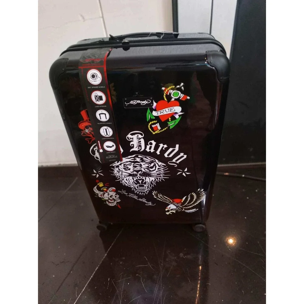 Ed Hardy Hardside Luggage Black Tiger Eagle Skull 32 Inch Spinner Suitcase NEW